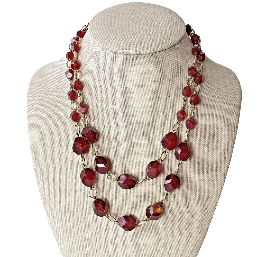 Vintage West Germany Red Faceted Acrylic Bead Double Strand Necklace Mid Century